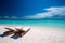 Sunbathing on beach. National Beach Day. Sand beach with comfortable sun beds. Generative AI