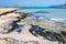 Sunbathing people on beach of Balos lagoone on Crete. Greece.