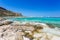 Sunbathing people on beach of Balos lagoone on Crete. Greece.