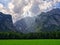 Sunbeams casting over mountains and meadow