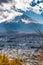 Sunbeams or Crepuscular rays trhough clouds over mount fuji from Arakurayama Sengen park.