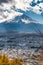 Sunbeams or Crepuscular rays trhough clouds over mount fuji from Arakurayama Sengen park. Japan