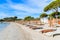 Sunbeds on beachSunbeds on sandy Palombaggia beach, Corsica island, France