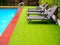 Sunbeds on green grass on outdoor swimming pool in the garden