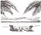 Sunbeds with a round table on the sandy palm beach. Samui hand drawn sketch illustration