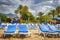 Sunbeds on sand on tropical beach resort in bad weather with cloudy sky. Palm trees and chaise lounges on beach in cloudy weather.