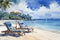 sunbeds and umbrella on the beach with white sand and tranquil water, watercolors imitation