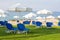 Sunbeds and umbrellas on public beach in Paphos, Cyprus