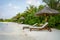 Sunbeds under the canopy on the beach.