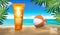 Sunblock ads template sun protection sunscreen and sunbath cosmetic products design face and body lotion with on palm