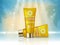 Sunblock cosmetic products ad. Vector 3d illustration. Sunblock cream bottle template, sun protection cosmetic products