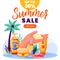 Sunblock cosmetic sale banner, poster design. Vector illustration of sunscreen packaging on palm beach background