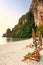 Sunchairs and umbrellas on Ao Ton Sai beach, Phi Phi Don Island, Krabi Province, Thailand