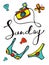 Sunday colorful hand drawn card with camera and swimming suit