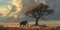 Sundown Amidst Ancient Trees and Elephants Wallpaper and Design, Generative AI