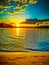 Sundown  at the beach of  the riverside of the river Rhein in Cologne with sunlight  on the blue water and bridge