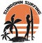 Sundown Surfing - Surfer Girl - Sunset Surf Distressed Beach Illustration