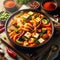 Sundubu Jjigae, A hot and spicy stew made with uncurdled tofu, vegetables,meat, and gochujang or gochugaru