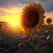 Sunflower agricultural field looks beautiful at sunset. Vibrant sunflower field in sunset