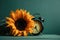 Sunflower with alarm clock on color background. AI generated
