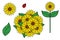 Sunflower assets collection design with ladybug, leaf, and bouquet