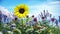 Sunflower in blooming field summer light beautiful flowers under sunshine 3D illustration