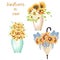 Sunflower boquets in vases and umbrellas