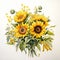 Sunflower Bouquet Watercolor Art - Naturalistic Botanical Style