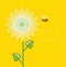 Sunflower cartoon with flying bee, vector