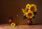 Sunflower in a ceramic vase, amphora and oil on the table