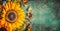 Sunflower composing on dark vintage background, top view