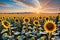 Sunflower Field at Peak Bloom, Golden Hour, Foreground Focused Sunflowers Towering Over the Viewer with Radiant Glow