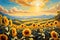 A Sunflower Field at the Peak of Summer: Bathed in Golden Sunlight, Insects Buzzing Around with a Cheerful Symphony