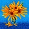 Sunflower flower in small clear glass isolated on blue, digital