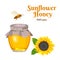 Sunflower honey in glass jar, bee and yellow blooming sunflower with green leaves isolated