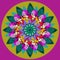 SUNFLOWER MANDALA . PLAIN PURPLE BACKGROUND, CENTRAL OLIVE CIRCLE. FLOWER IN GREEN, FUCHSIA, PINK, GREEN, ORANGE, RED AND PURPLE
