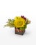 Sunflower and mixed flower arrangement. Modern floral design in a rustic box for florist.