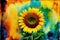 Sunflower on a multicolored background with a place for text. Watercolor paint. Digital art, Generative AI