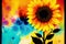 Sunflower on a multicolored background with a place for text. Watercolor paint. Digital art, Generative AI