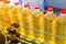 Sunflower oil. Factory line of production and filling of refined oil from sunflower seeds. Factory conveyor of food industry