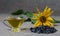 Sunflower oil in a glass gravy boat and a handful of sunflower seeds on the background of burlap and sunflower. Flying wasp