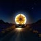 sunflower on the road in the desert. 3d rendering. AI generated