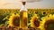 Sunflower vegetable oil with black seed kernels and flower vegetarian dressing for salads and cooking and frying.