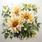 Sunflower Watercolor Painting: White Sensation Flowers On White Background