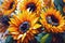 Sunflowers background, many sunflowers in oil painting style illustration