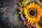 Sunflowers with berries and flowers. Floral autumn decoration on dark rustic vintage background