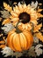 sunflowers and cypress leaves adorning a pumpkin with light gray and yellow pattern