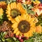 Sunflowers and fall flowers. Yellow sunflowers, orange roses, rose hips and more flowers of autumn