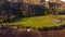 Sunflowers field of blooming from areial view with background of sunset