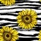 Sunflowers field seamless vector pattern for fabric textile design. Horizontal stripped brush strokes, ready to print.